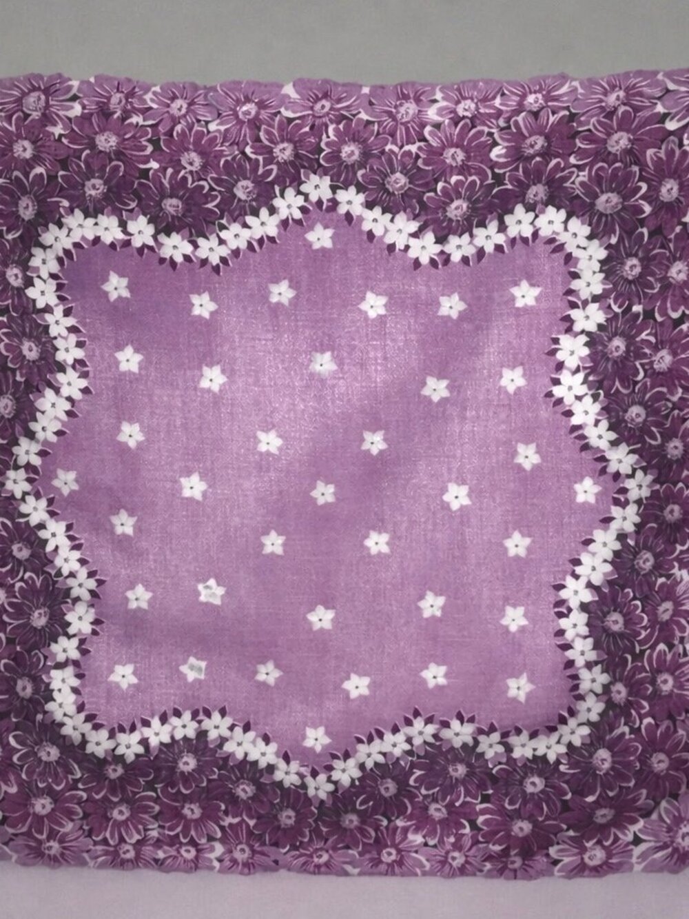 Vtg Floral Handkerchief Purple White Flowers Square Hanky Scalloped Edge - 17"